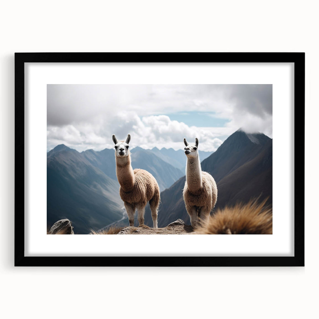 Abstract art print of a colorful South American scenery in vibrant hues on a large framed canvas.