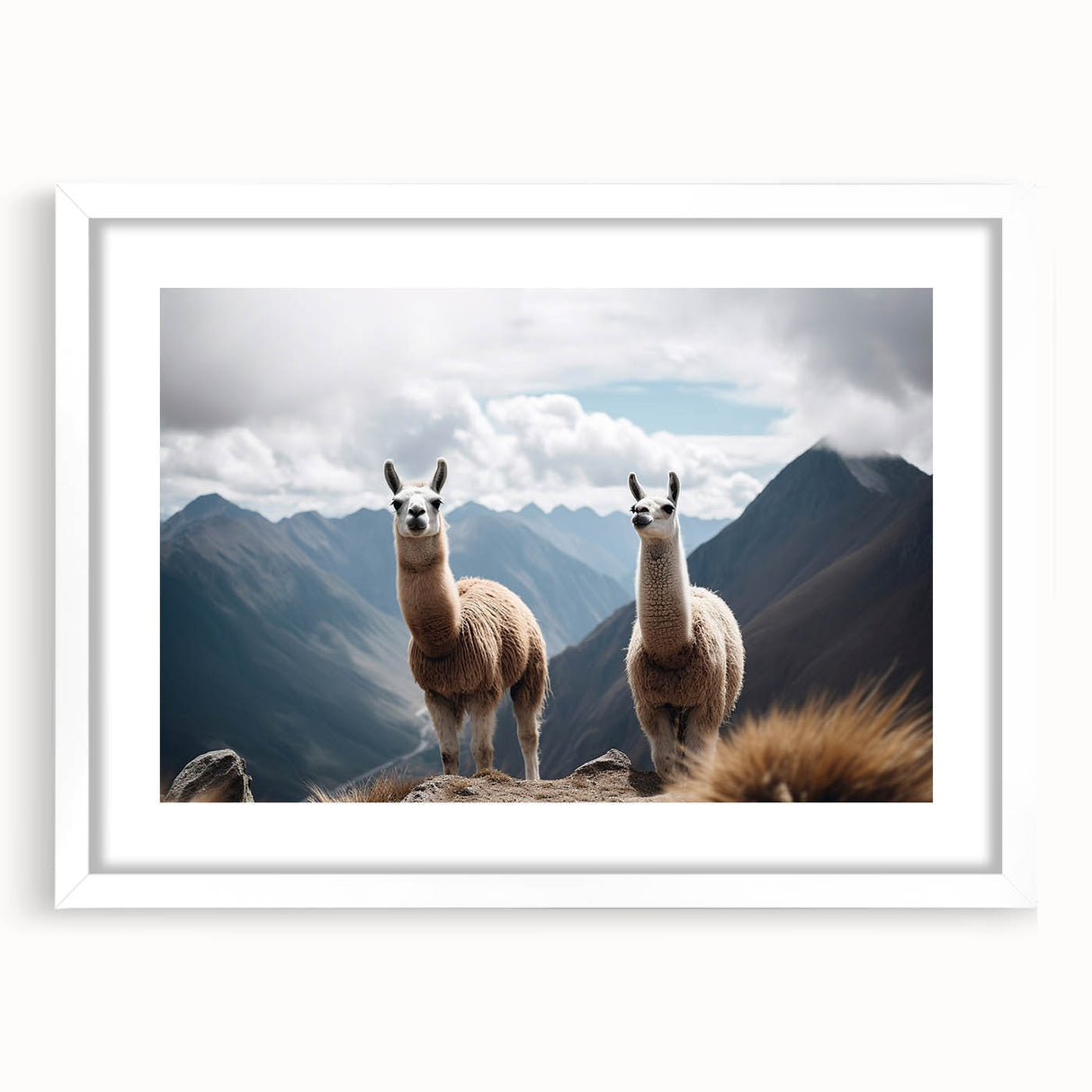 Abstract art print of a Peruvian landscape in muted earth tones on a framed white mat, ideal for dining room decor.
