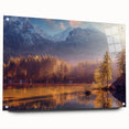 Acrylic print of Alaska scenery in muted blue and green tones, ideal for dining room decor.