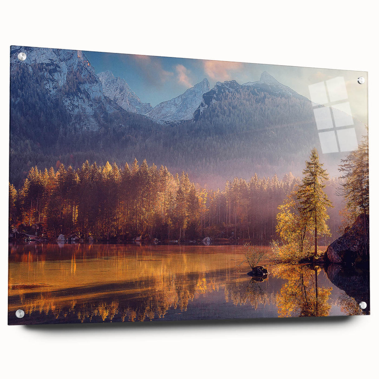 Acrylic print of Alaska scenery in muted blue and green tones, ideal for dining room decor.