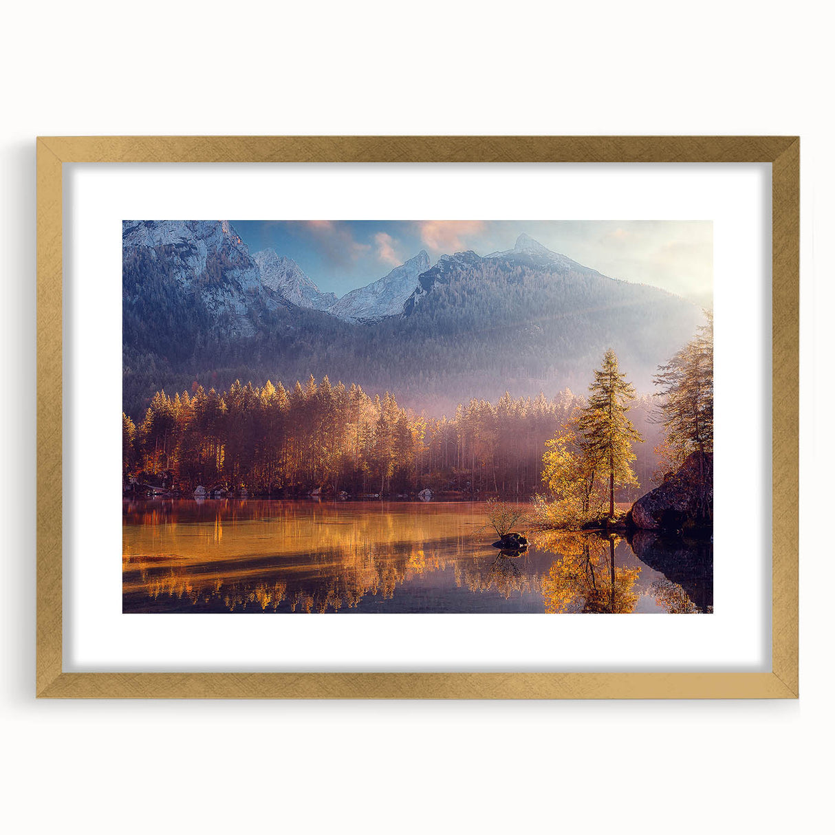 Extra large abstract art print of Alaskan scenery in gold frame, textured with vibrant earth tones.