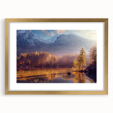 Extra large abstract art print of Alaskan scenery in gold frame, textured with vibrant earth tones.