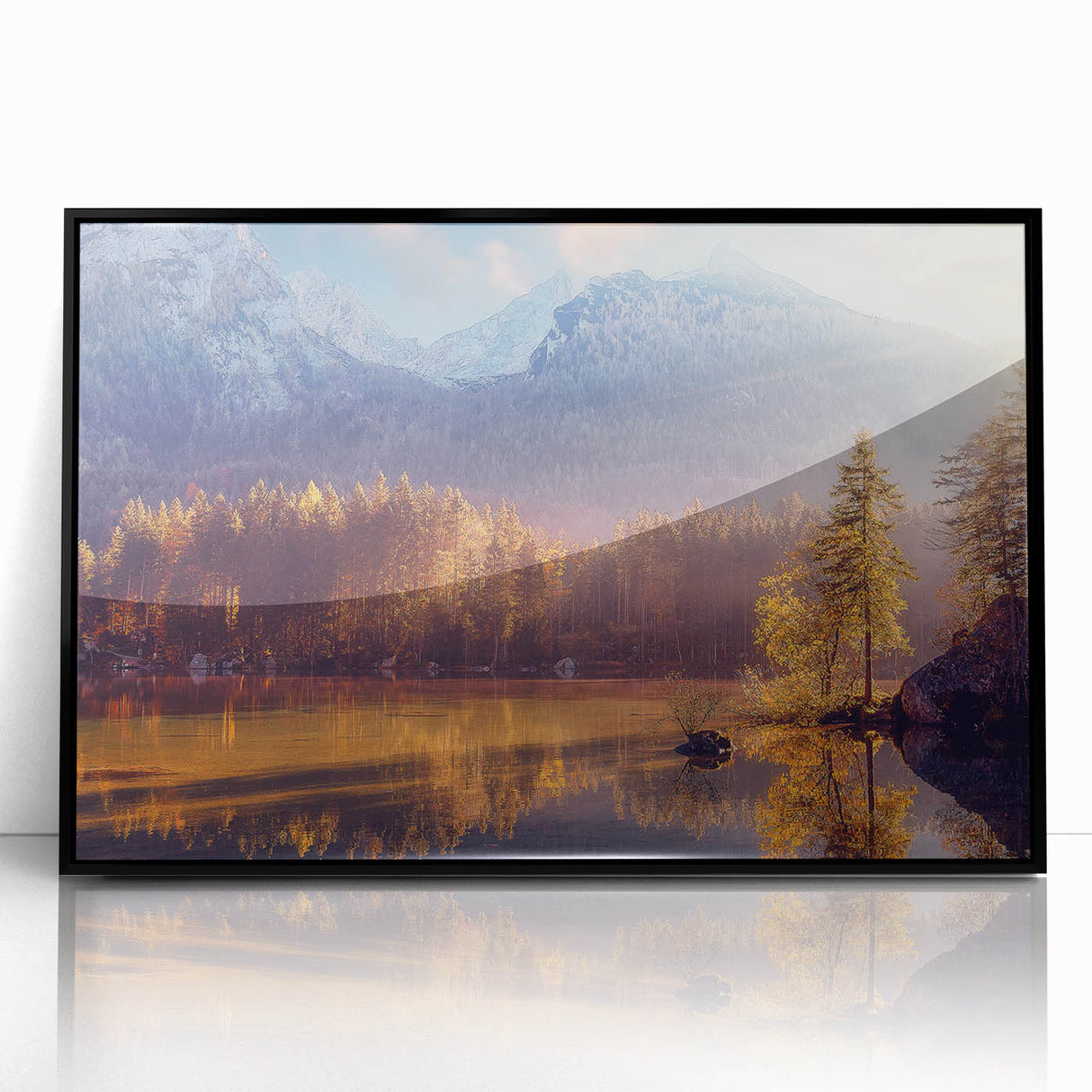 Large abstract wall art depicting an Alaskan landscape in muted earth tones on a framed acrylic.
