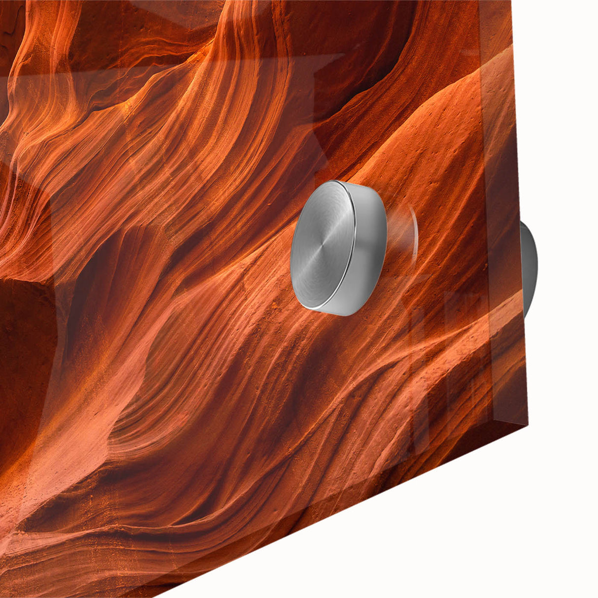 Mid-century modernist large art print of Antelope Canyon in Arizona on acrylic glass, featuring earthy red and orange tones.