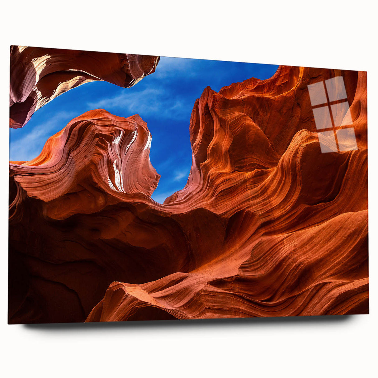 Large abstract depiction of Antelope Canyon in Arizona on acrylic glass, using orange and red shades.