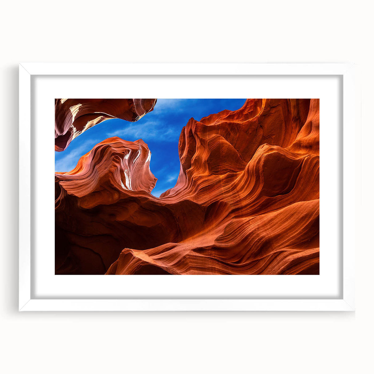 Abstract art print of Antelope Canyon in Arizona, showcasing swirling orange and red rock formations.