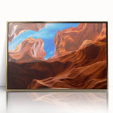 Mid-century modernist style acrylic print of Antelope Canyon in Arizona, featuring earthy red and orange tones.