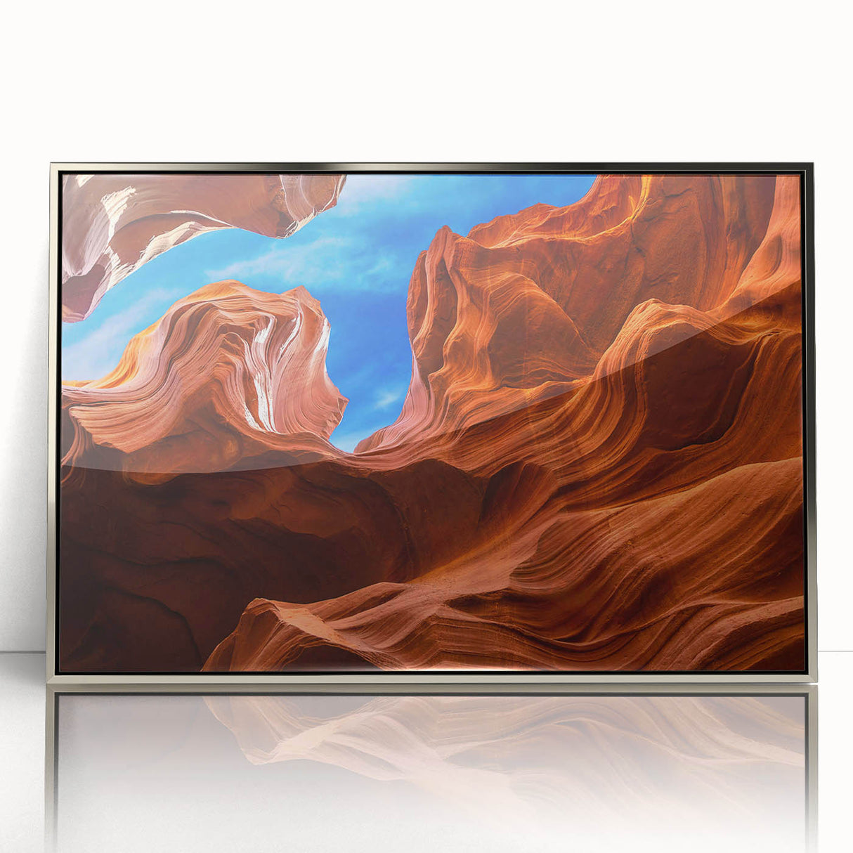 Mid-century modernist art of Antelope Canyon in Arizona on a framed acrylic, featuring earthy red and orange tones.