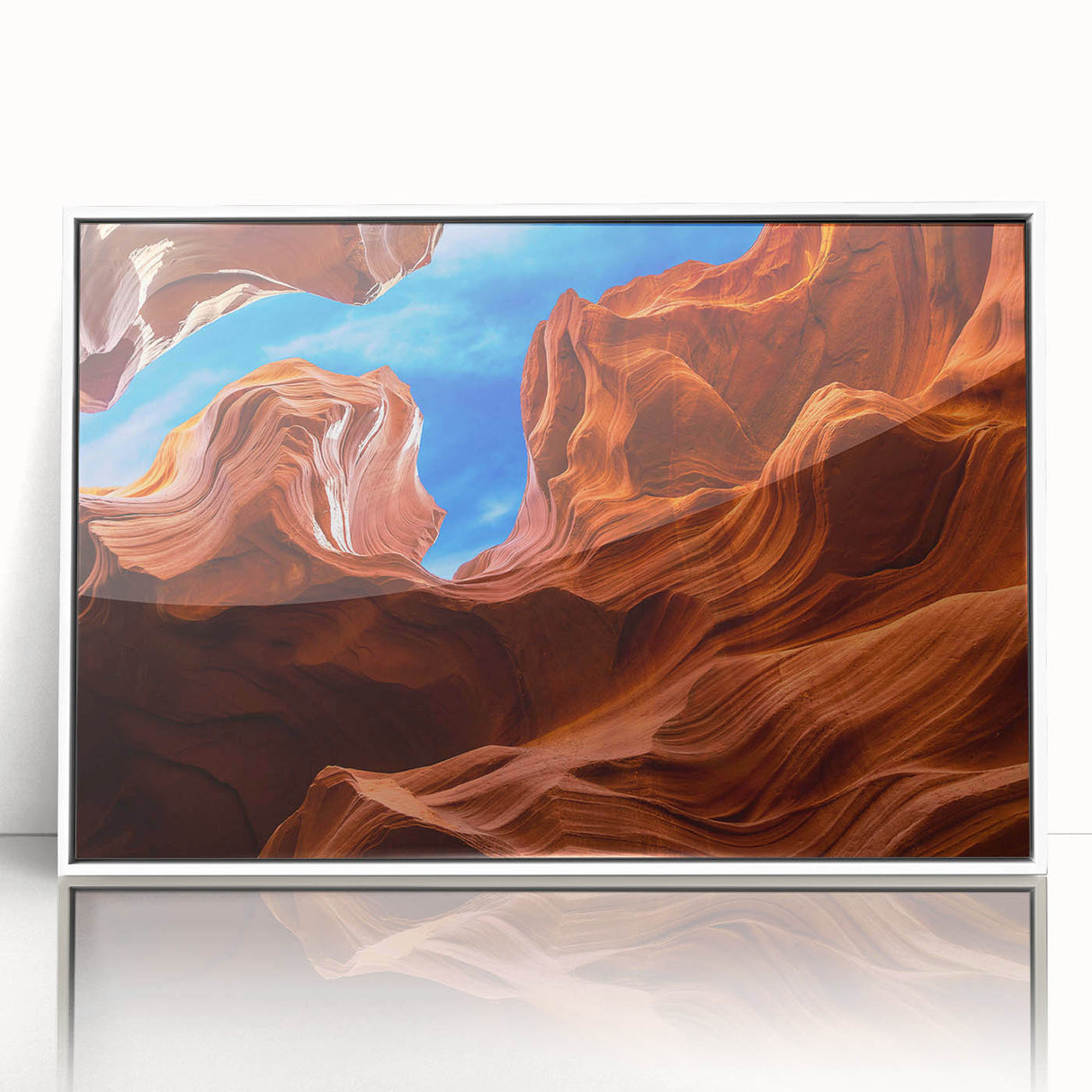 Modern art wall decor featuring a serene Arizona Antelope Canyon landscape in pastel shades, framed in white acrylic.