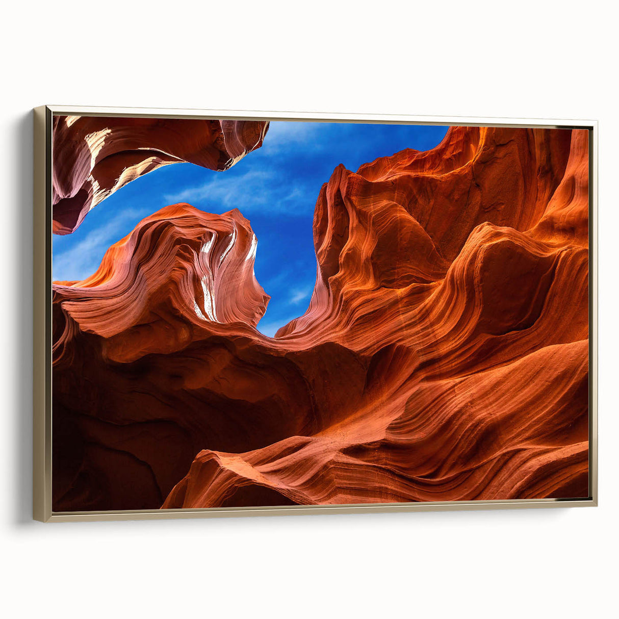 Framed canvas depicting the Antelope Canyon in Arizona with golden hues, ideal for bedroom wall art.