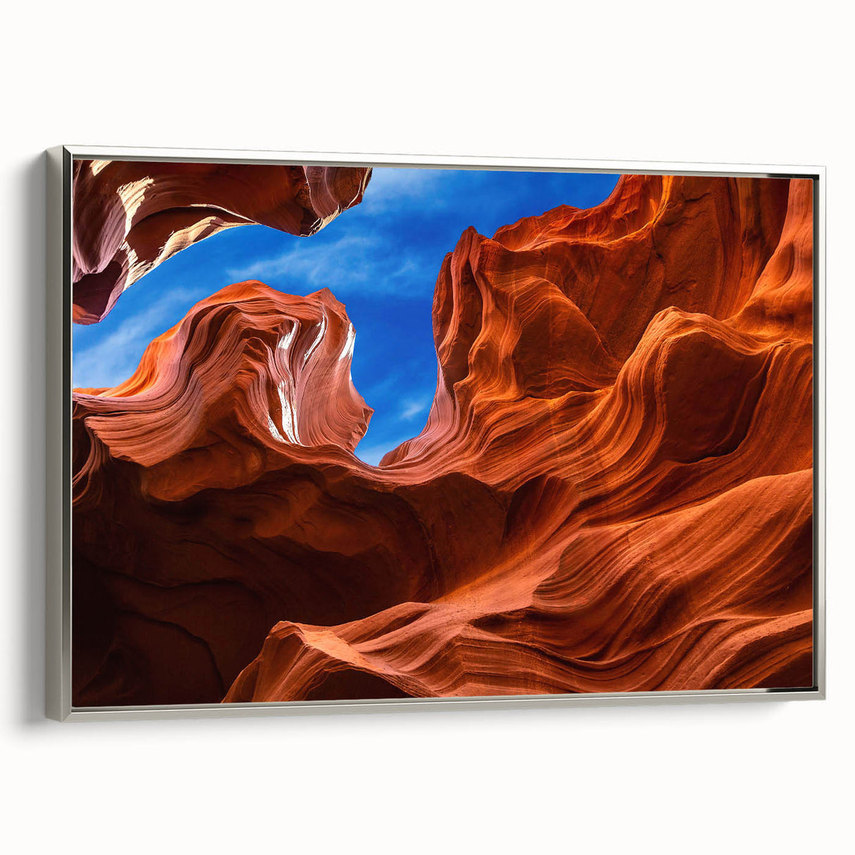 Landscape art painting of Antelope Canyon in Arizona on a framed canvas, featuring vibrant orange and red tones.