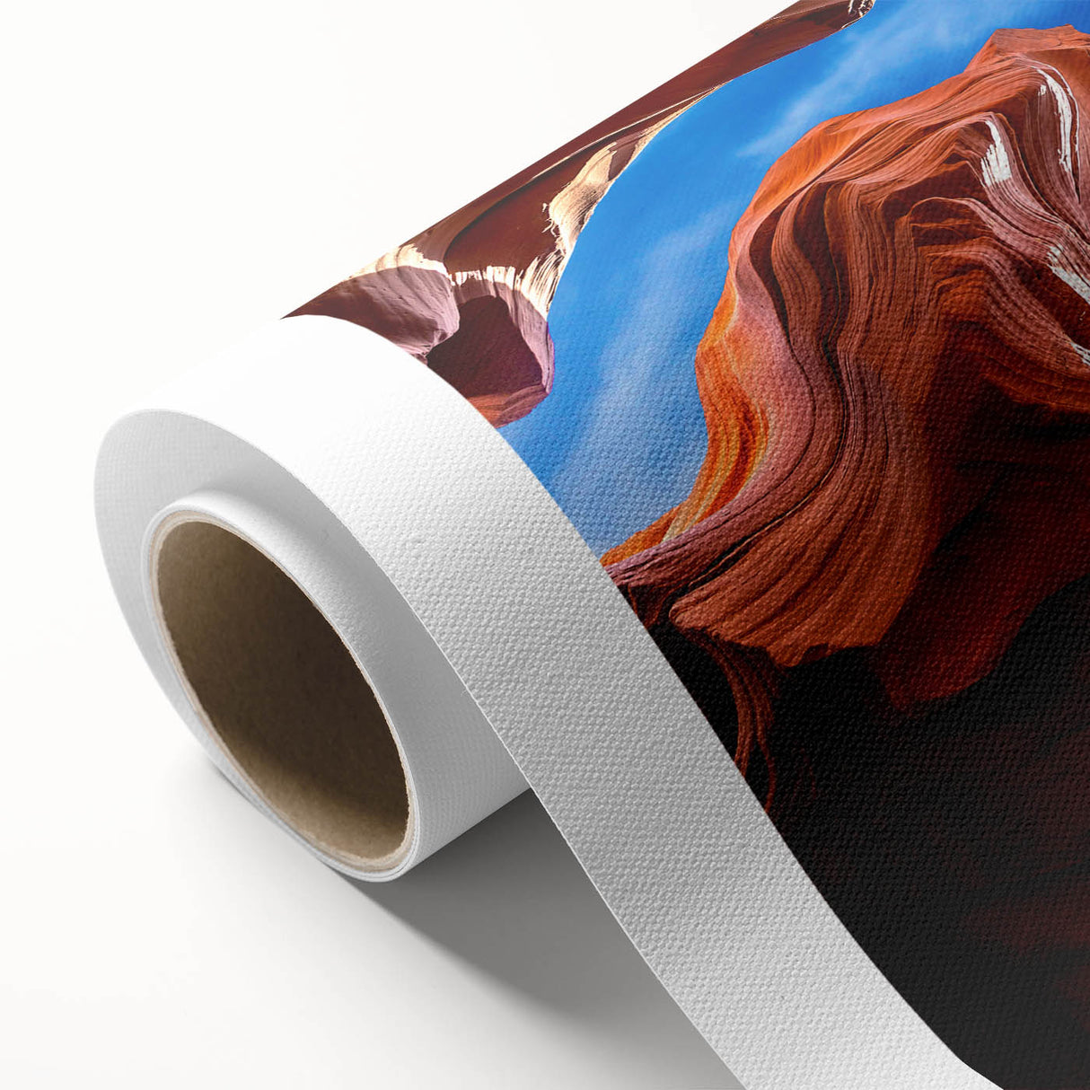 Art Deco style poster of Antelope Canyon in Arizona with rich orange and brown tones on rolled canvas.