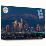 Large abstract depiction of the Los Angeles skyline in vibrant blue and orange hues on acrylic glass.