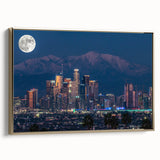 Framed canvas of Los Angeles landscape in muted gold and black tones, ideal for bedroom wall art.