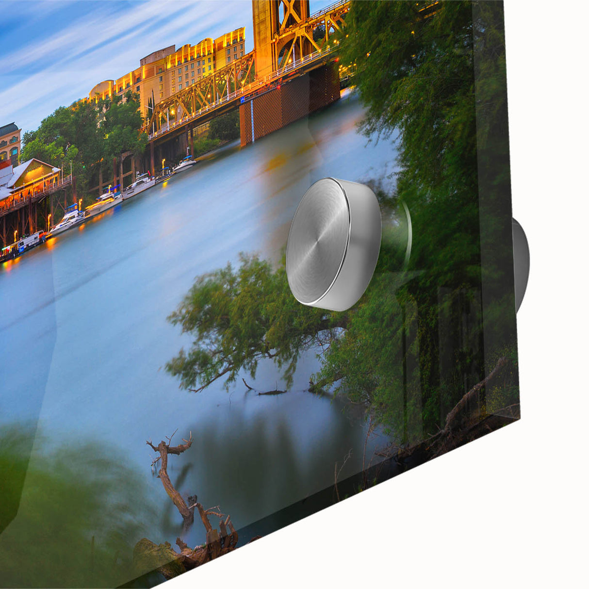 Acrylic print of a large abstract depiction of the Sacramento scenery in muted earth tones, ideal for dining room decor.