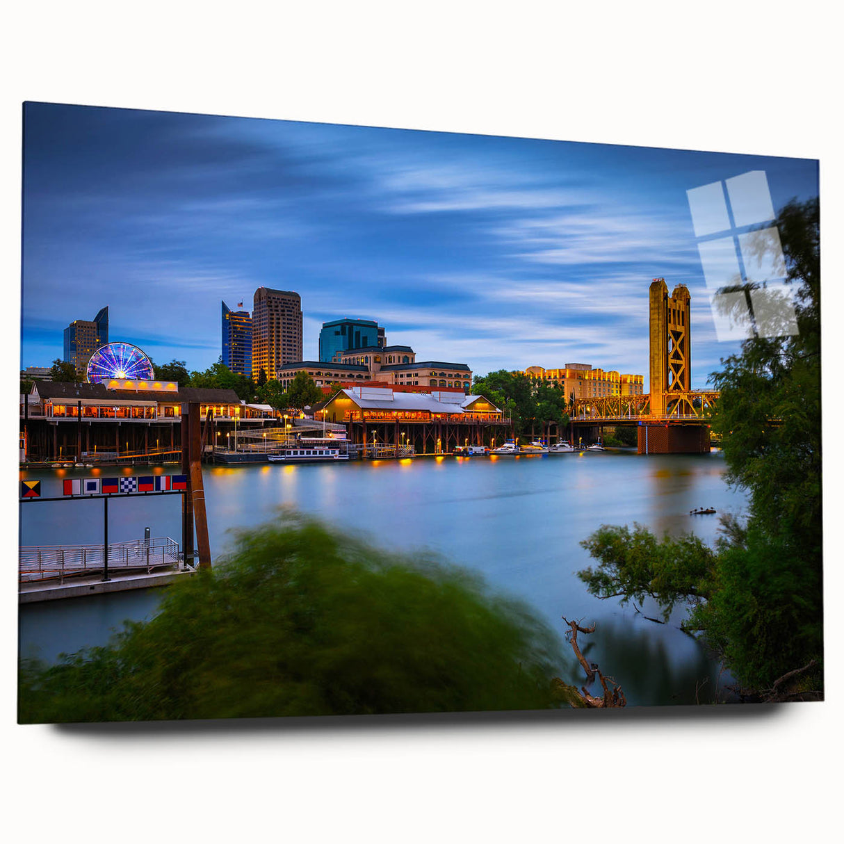 Large abstract wall art featuring Sacramento scenery in muted earth tones on acrylic glass, ideal for dining room ambiance.