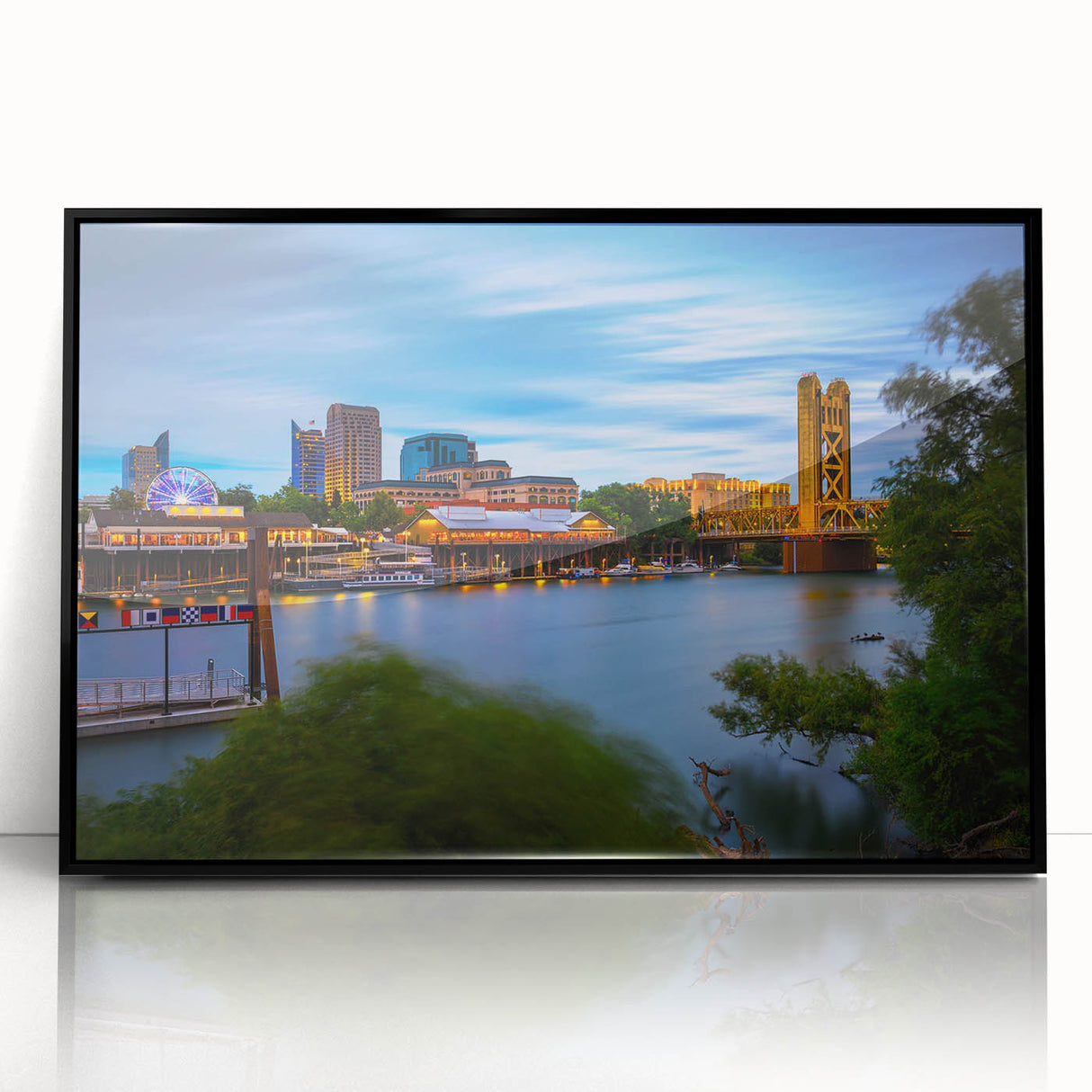 Large abstract wall art depicting Sacramento scenery in mid-century modernist style, framed in black acrylic.