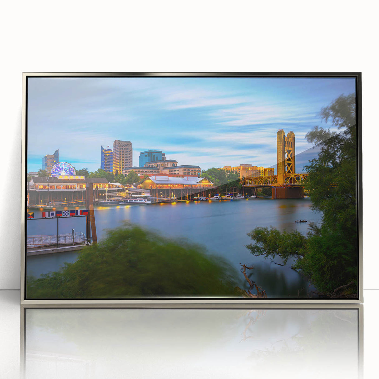 Mid-century modernist art of Sacramento skyline in muted blue and silver hues on a framed acrylic.