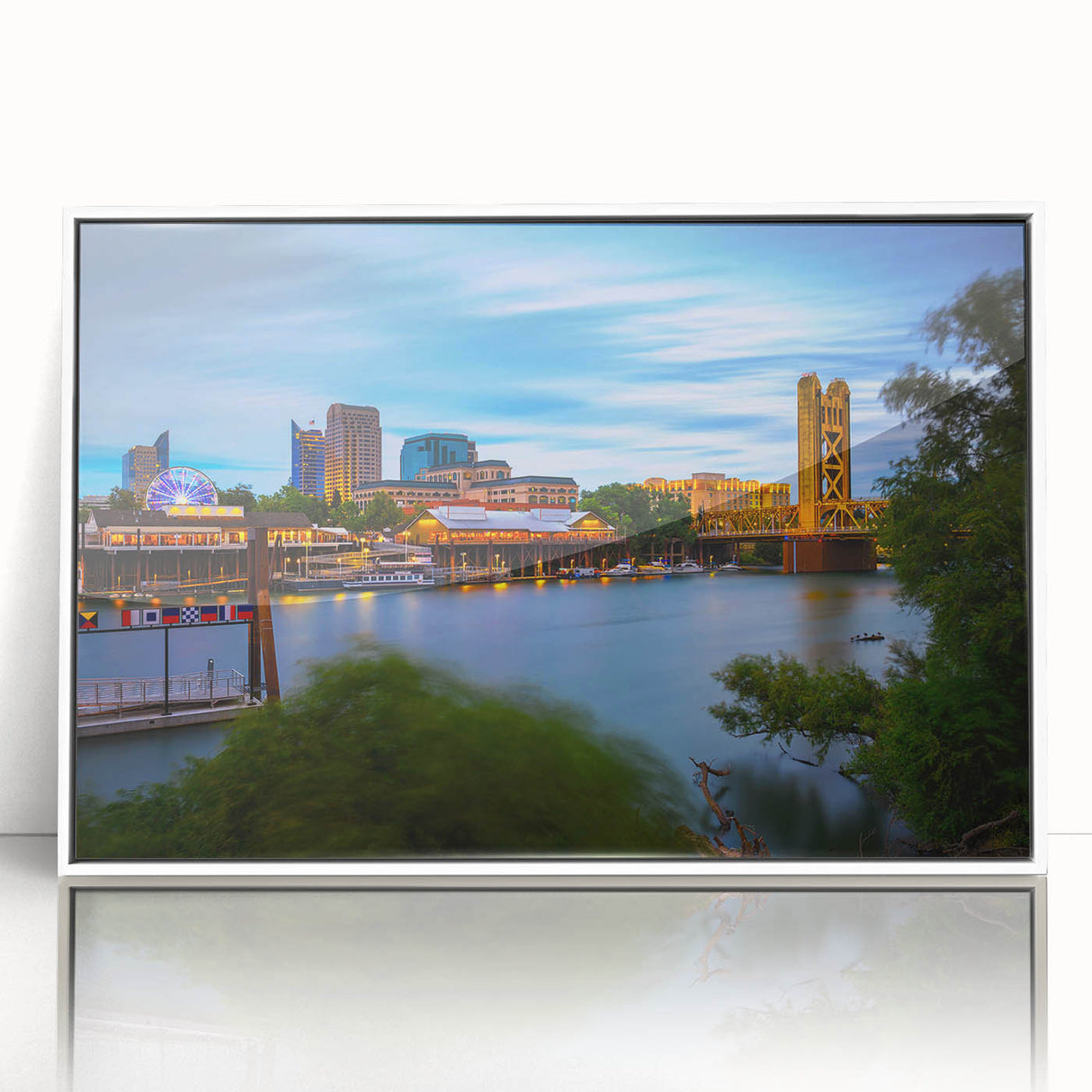 Acrylic print of Sacramento scenery in art deco style, with pastel shades, ideal for nursery wall art.