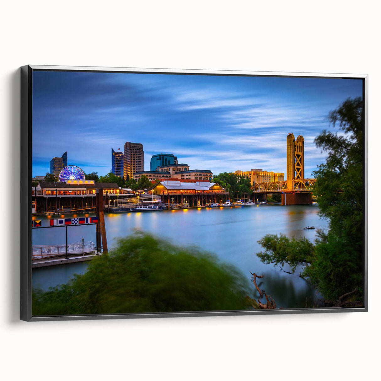 Framed canvas featuring a black and white vintage poster art of Sacramento landscape, suitable for bedroom wall decor.