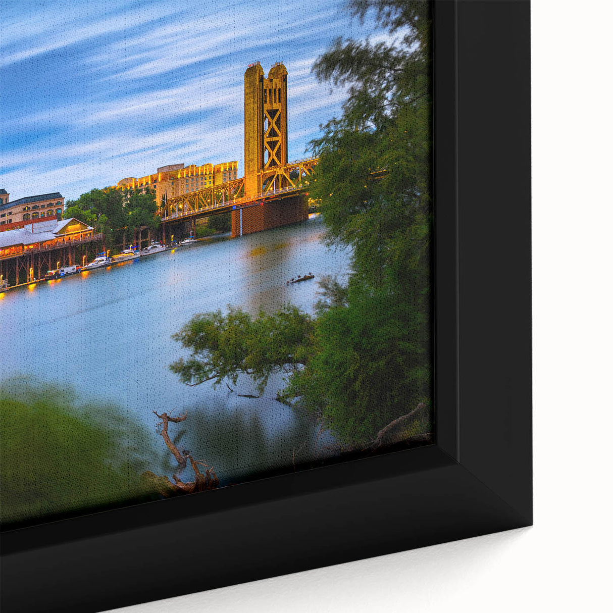 Extra large black wall art featuring a textured depiction of Sacramento scenery in colorful art style on framed canvas.