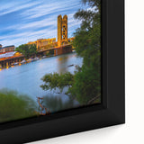 Extra large black wall art featuring a textured depiction of Sacramento scenery in colorful art style on framed canvas.
