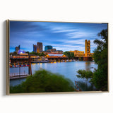Framed canvas of Sacramento landscape in vintage poster style with gold and black palette, ideal for bedroom wall art.