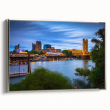 Landscape art painting of Sacramento featuring a vintage poster style on a framed canvas, with colorful art in black, silver.