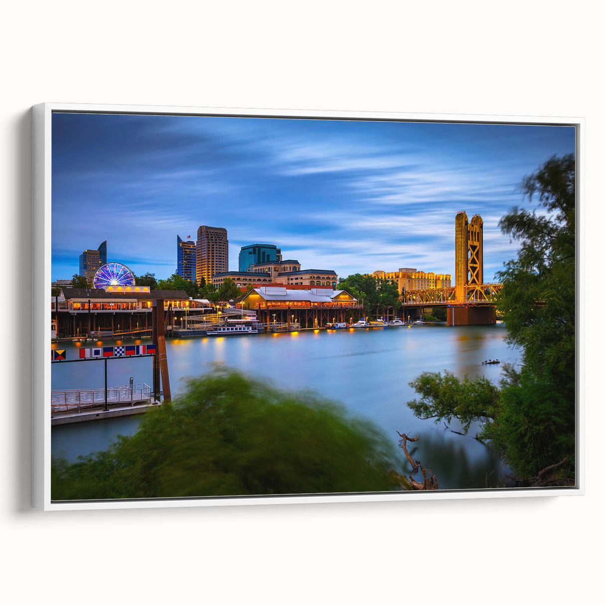Vintage poster art of Sacramento scenery in colorful hues on extra large framed canvas, ideal for living room decor.