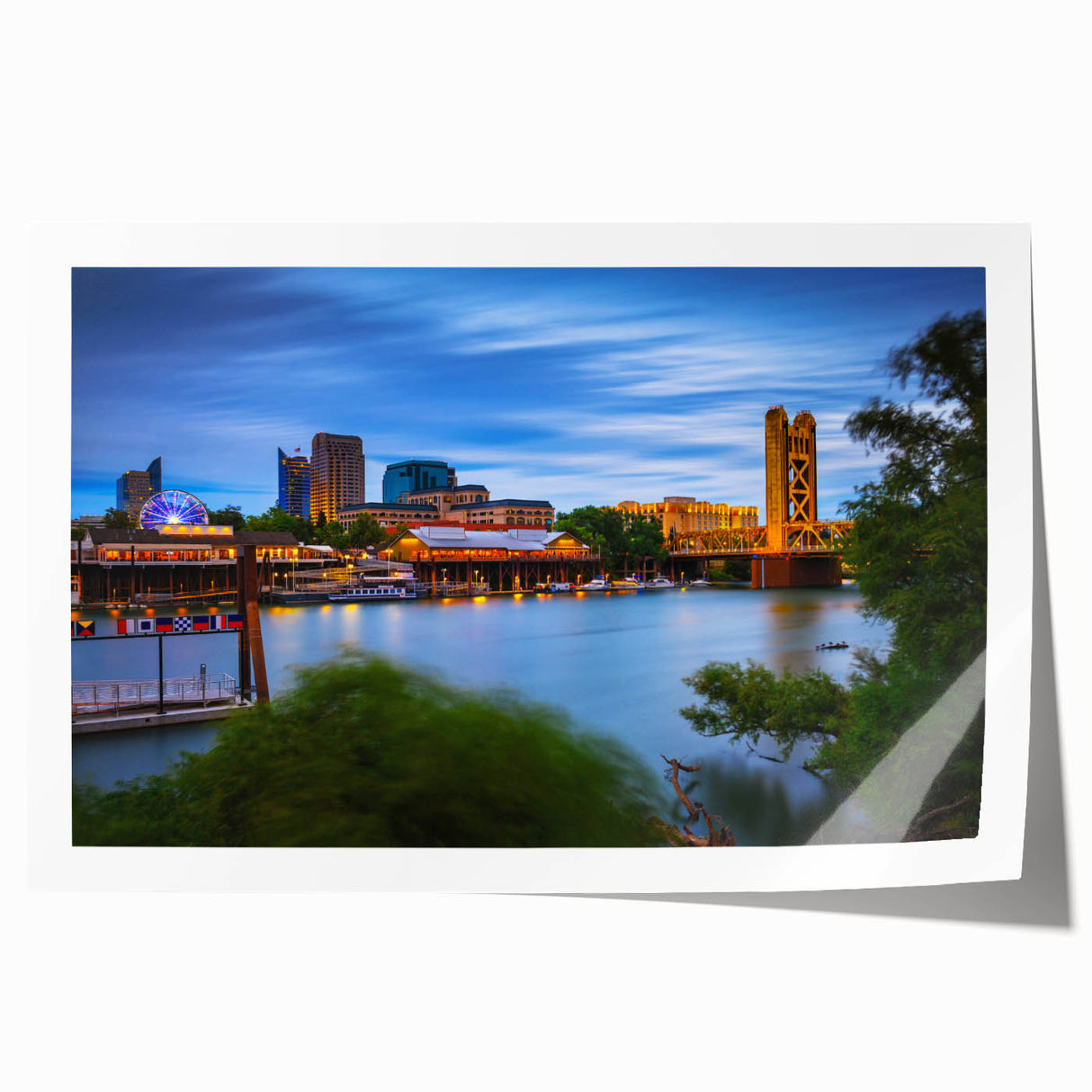 Rolled print of Sacramento scenery with floral elements in soft pastel colors, suitable for dining room or bathroom walls.