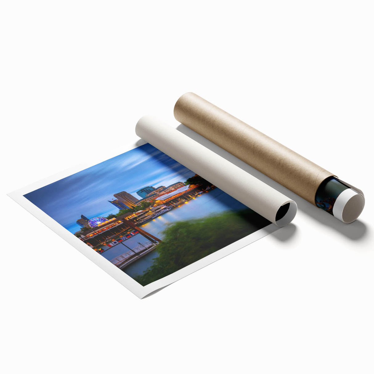 Extra large rolled print of Sacramento scenery with floral elements in muted earth tones, ideal for classy bathroom wall art.