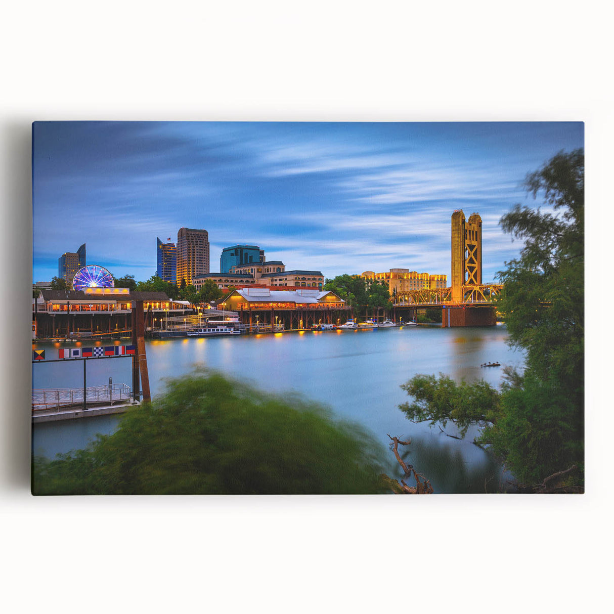 Black and white large art print of Sacramento skyline on stretched canvas, ideal for kitchen wall art.