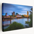 Large art print of Sacramento skyline in muted earth tones on stretched canvas, ideal for kitchen wall art.