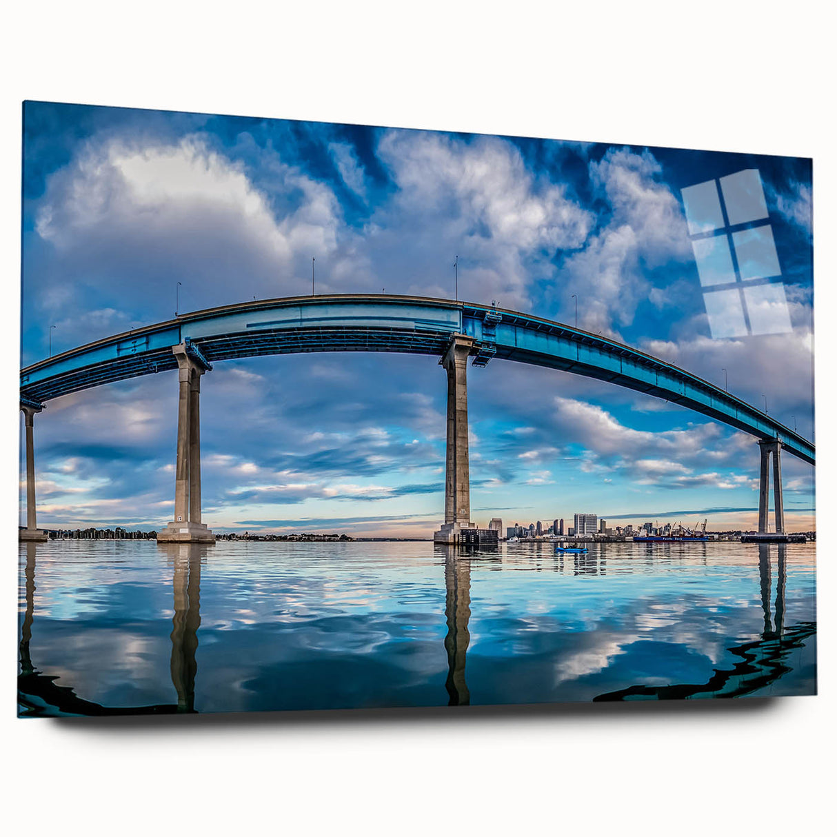 Acrylic print of a large abstract depiction of San Diego's skyline in muted blue and gray tones.