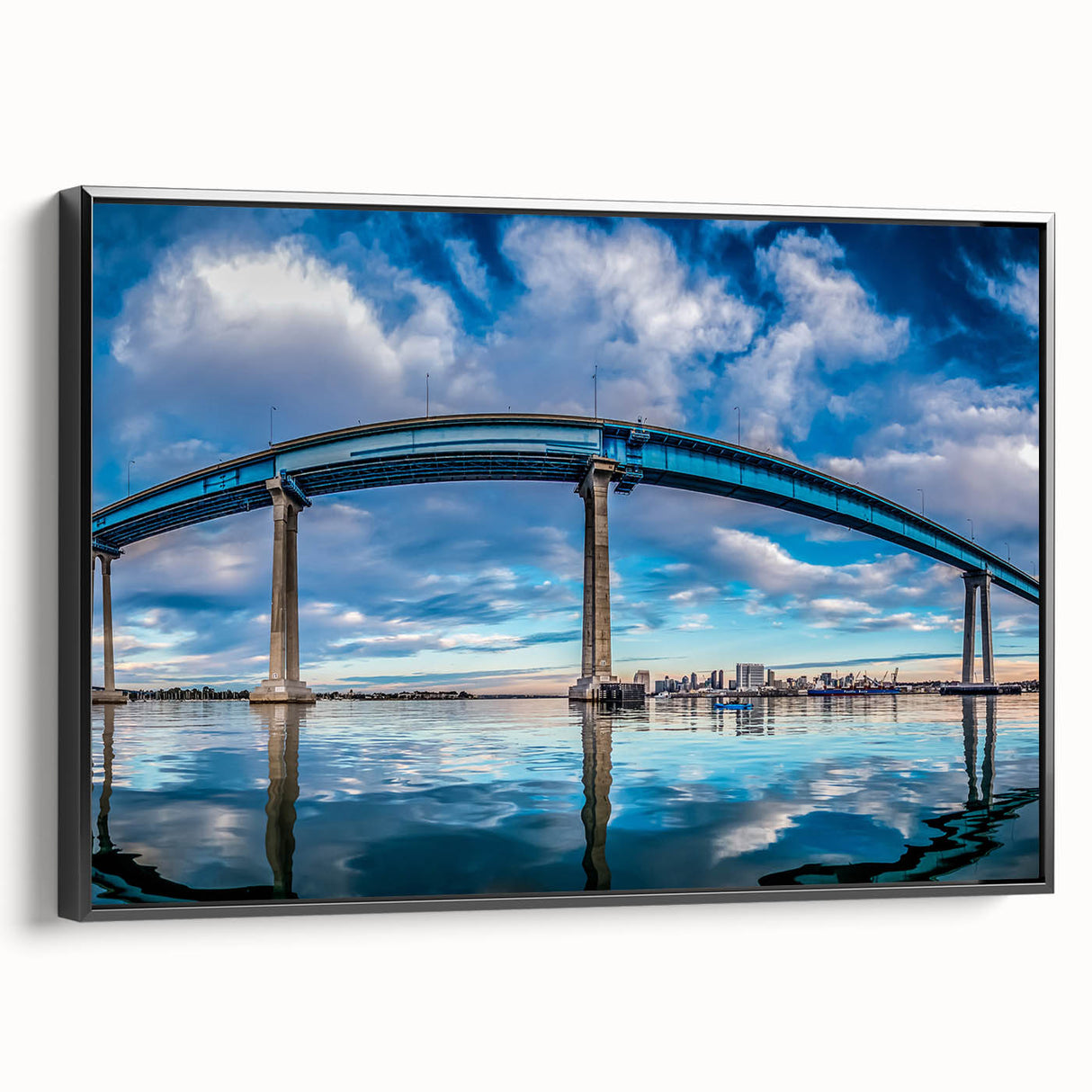 Black and white landscape art painting of San Diego on framed canvas, ideal for bedroom wall decor.