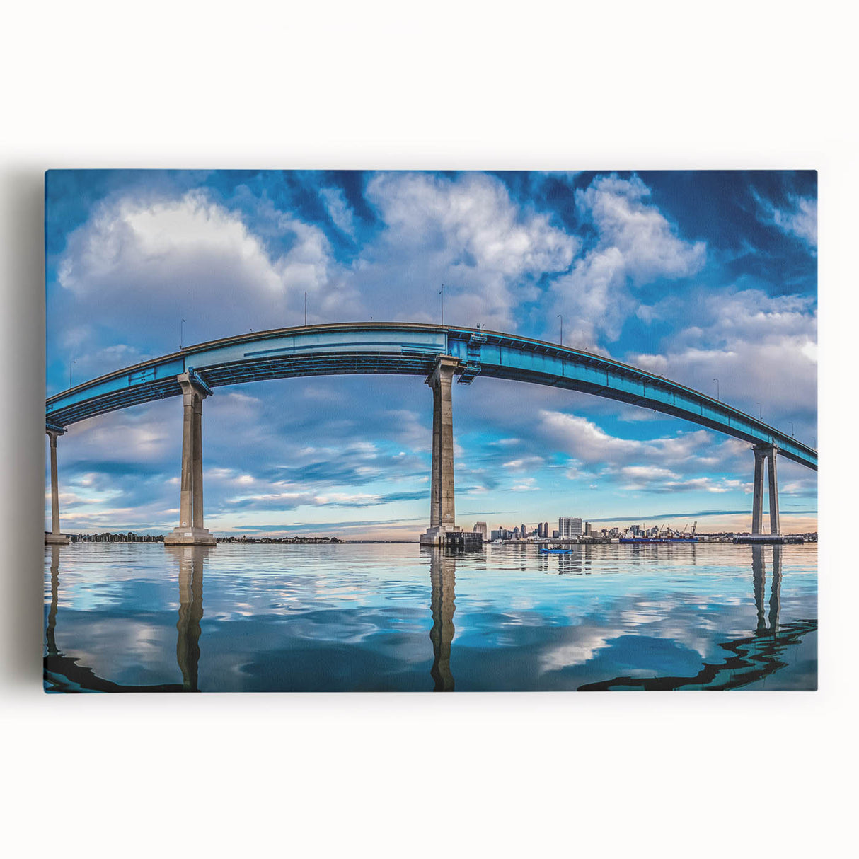 Black and white stretched canvas featuring a panoramic view of the San Diego skyline, ideal for kitchen wall art.