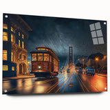 Acrylic print of the San Francisco skyline in muted blue and orange tones, suitable for bedroom or dining room decor.
