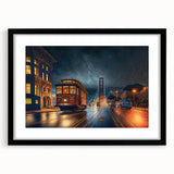 Extra large abstract art print of San Francisco skyline in vibrant colors on a black framed canvas.