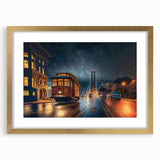 Extra large abstract art print of San Francisco skyline in muted gray and gold tones on a framed canvas.