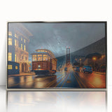 Mid-century modernist art of San Francisco skyline in silver framed acrylic, ideal for nursery wall art.