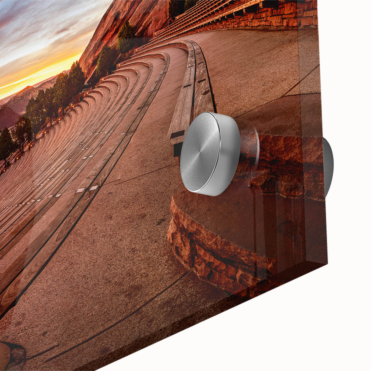 Large abstract wall art depicting the Denver skyline in muted gray and blue tones on acrylic glass.