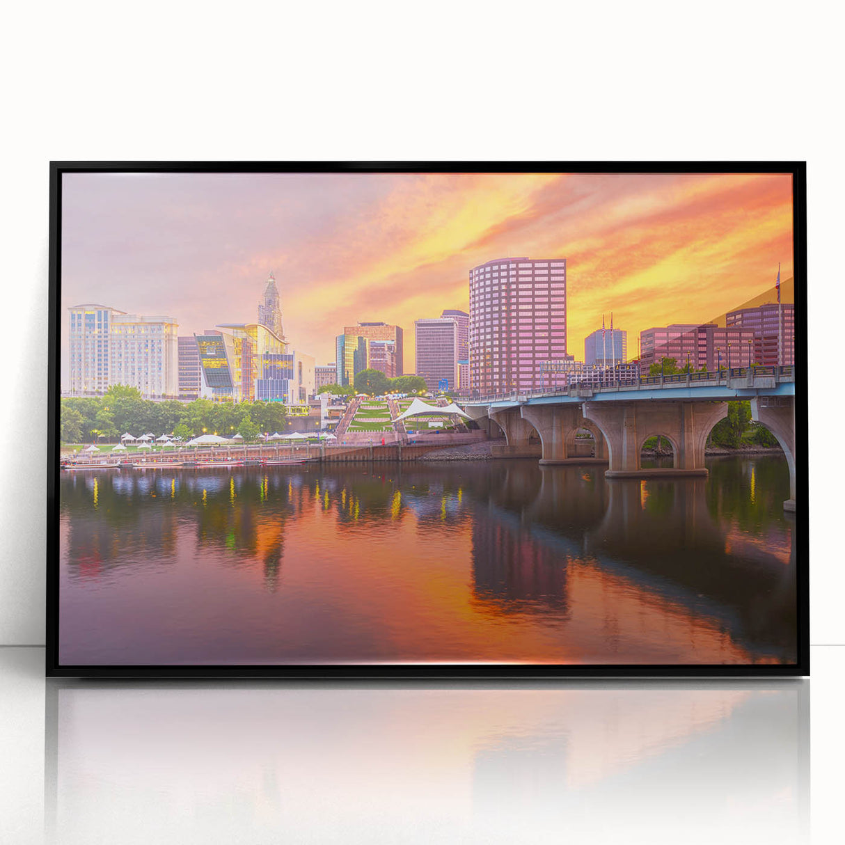 Large abstract wall art depicting a Connecticut landscape in muted earth tones, framed in black acrylic.