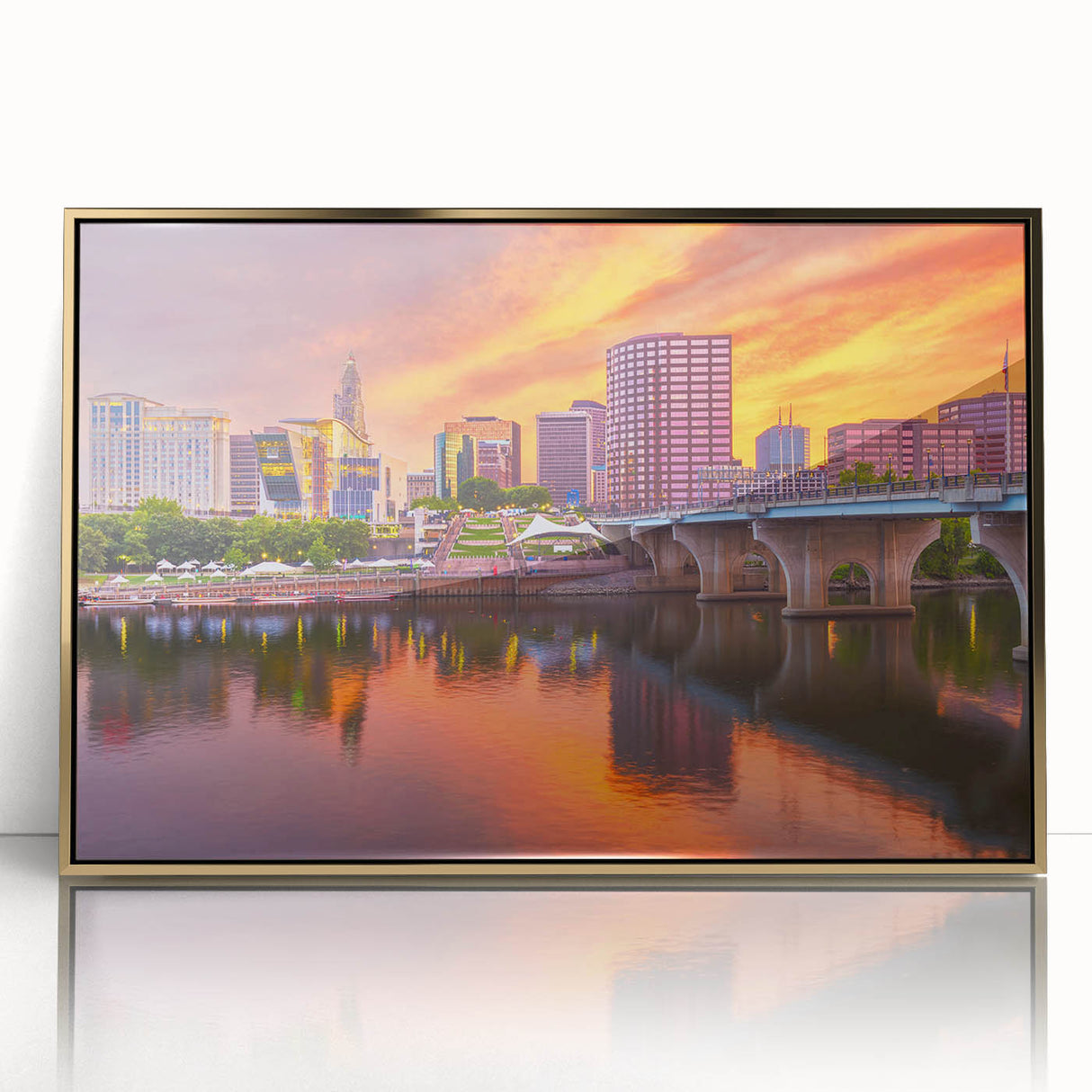 Large art print of Connecticut scenery in mid-century modernist style, framed in gold acrylic.
