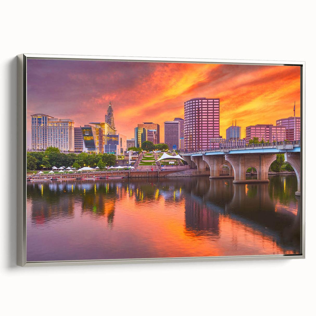 Framed canvas depicting a vintage-style Connecticut landscape in muted colors, ideal for living room decor.