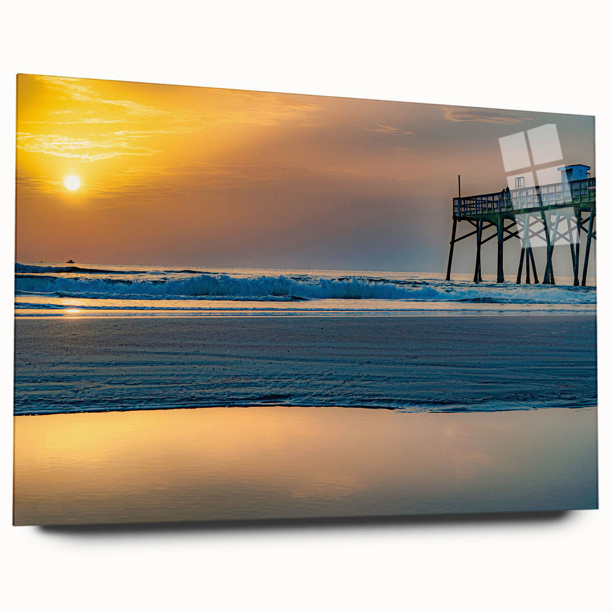 Large abstract wall art of Daytona scenery in muted blue and green tones on acrylic glass.