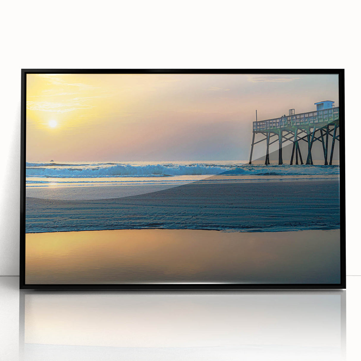 Large abstract wall art depicting Daytona scenery in muted blue and green tones, framed in black acrylic.