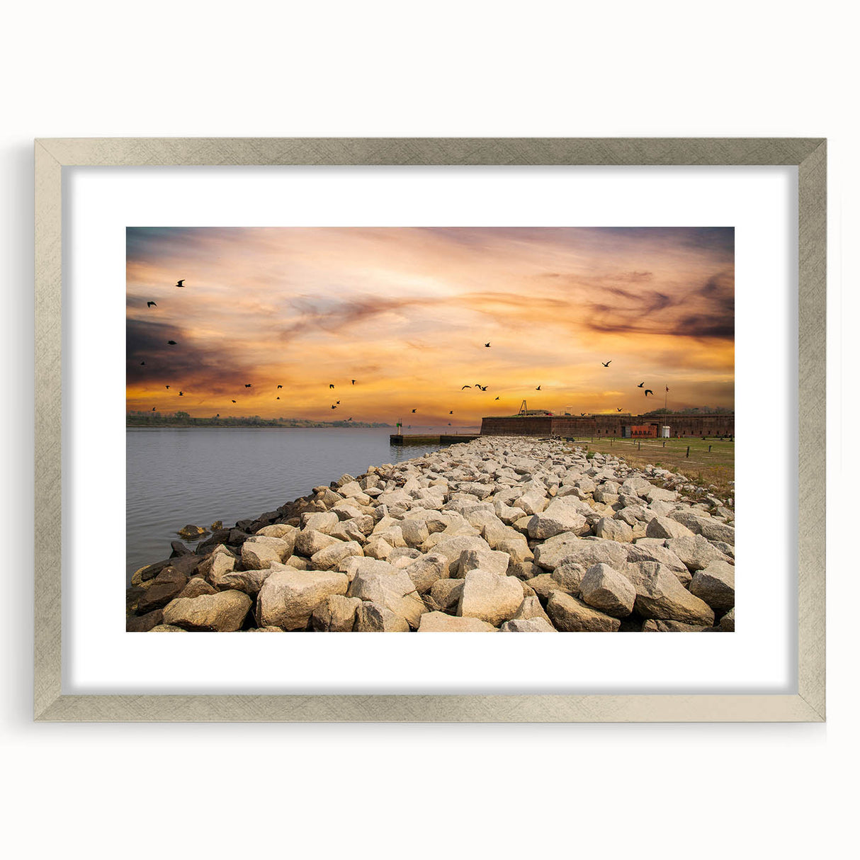 Textured abstract art print of Savannah scenery in muted earth tones, framed with a silver mat, suitable for bedroom decor.