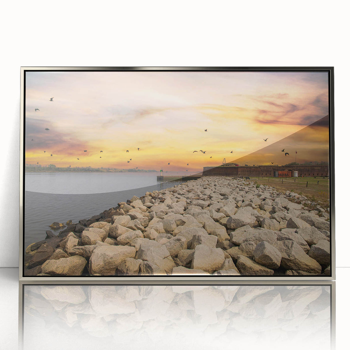 Mid-century modernist art of Savannah skyline in muted colors on a silver-framed acrylic print.
