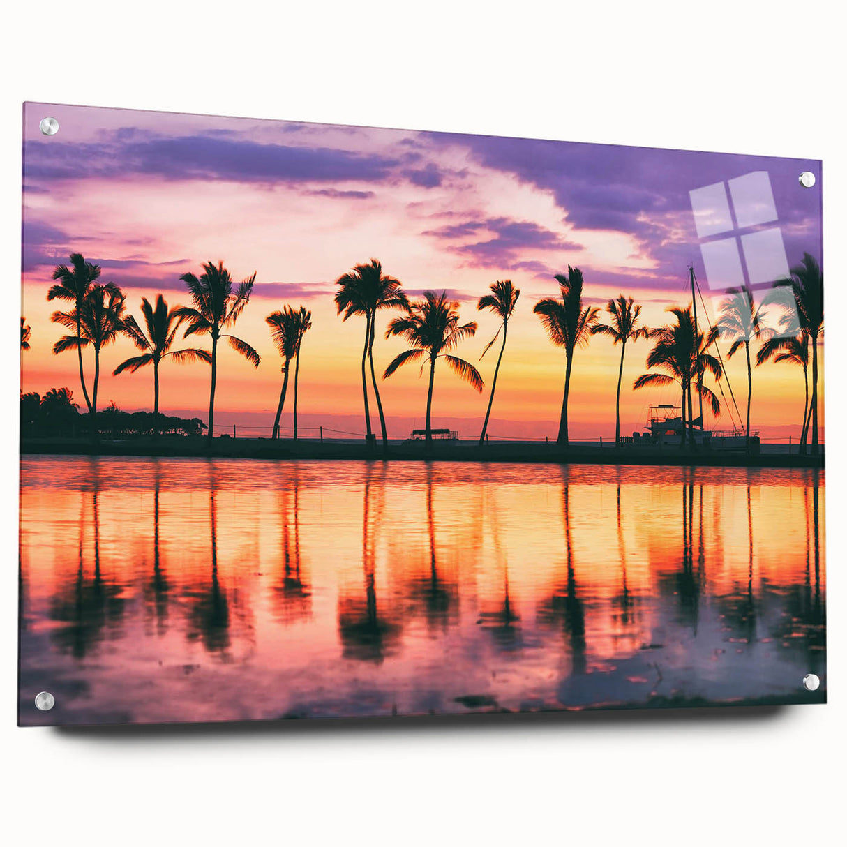 Acrylic print of a large abstract depiction of Maui landscape, in vibrant blue and green tones.