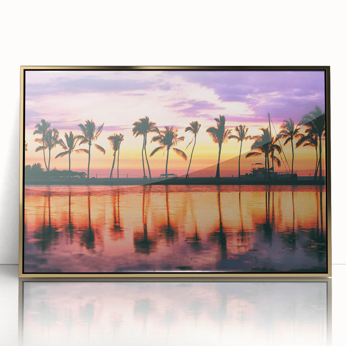 Large art print of a Maui, Hawaii scenery in gold framed acrylic, showcasing mid-century modernist style.